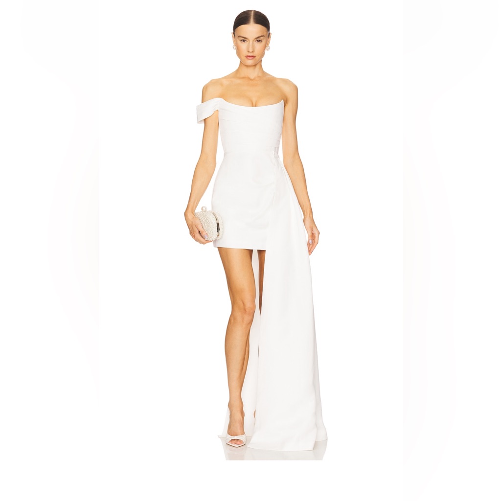 Off-Shoulder White Asymmetrical Mini Dress With Train